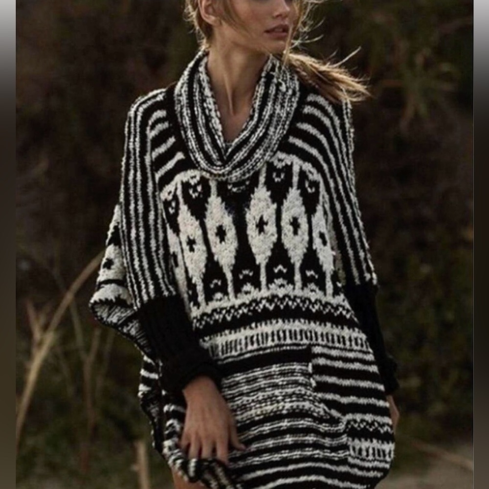 Free People Black and White Cowl Neck Sweater Poncho